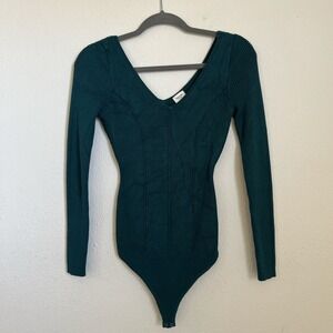 Abercrombie & Fitch Ribbed Bodysuit Green Long Sleeve V-Neck Slim Fit Y2K Basic
